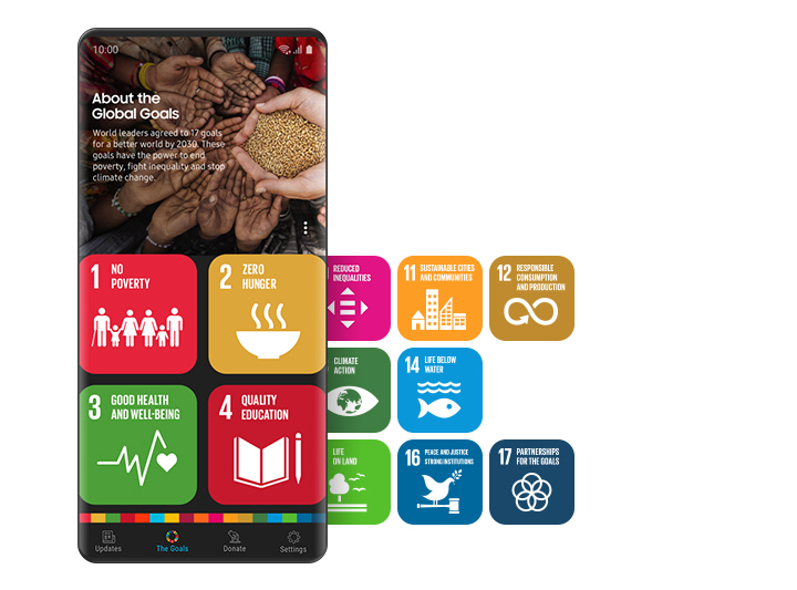 In the Samsung Global Goals home screen colorful tiles with conceptual symbols represent each of the 17 goals. The app provides users information about the sustainable development goals. 