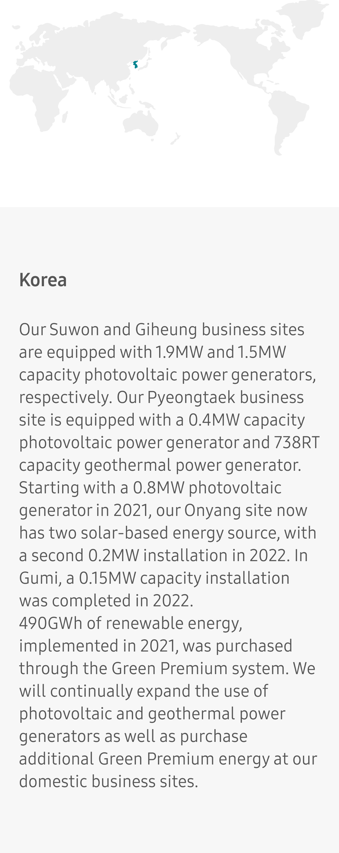 Our Suwon and Giheung business sites are equipped with 1.9MW and 1.5MW capacity photovoltaic power generators, respectively. Our Pyeongtaek business site is equipped with a 0.4MW capacity photovoltaic power generator and 200RT capacity geothermal power generator.
										Starting with a 0.8MW photovoltaic generator in 2021, our Onyang site now has two solar-based energy source, with a second 0.2MW installation in 2022. In Gumi, a 0.15MW capacity installation was completed in 2022.
										490GWh of renewable energy, implemented in 2021, was purchased through the Green Premium system. We will continually expand the use of photovoltaic and geothermal power generators as well as purchase additional Green Premium energy at our domestic business sites.