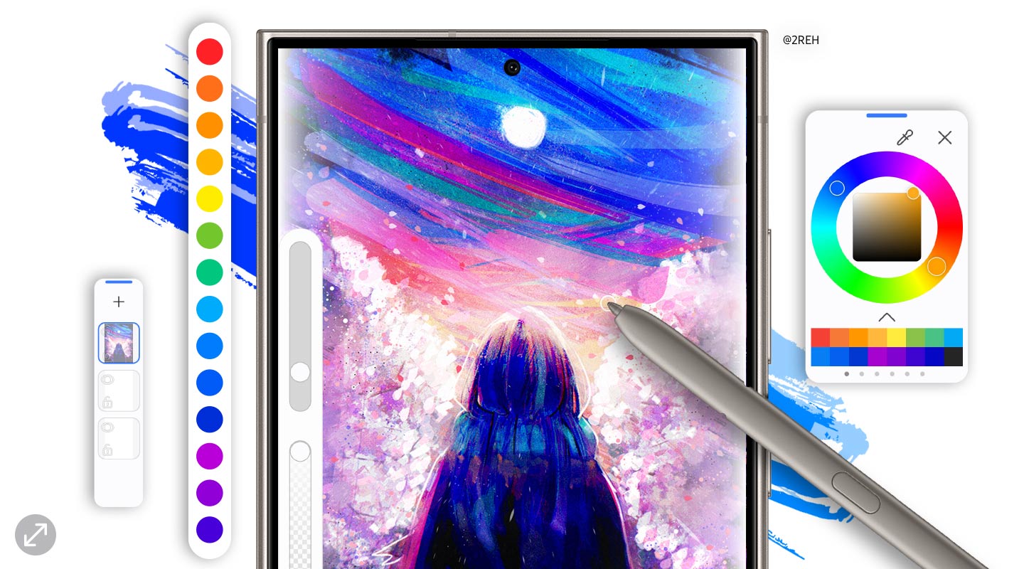 A digital artwork featuring a woman is showcased on a smartphone screen which draws by 2REH. The S-Pen applies a diverse range of colors, with color options on display next to the smartphone screen.