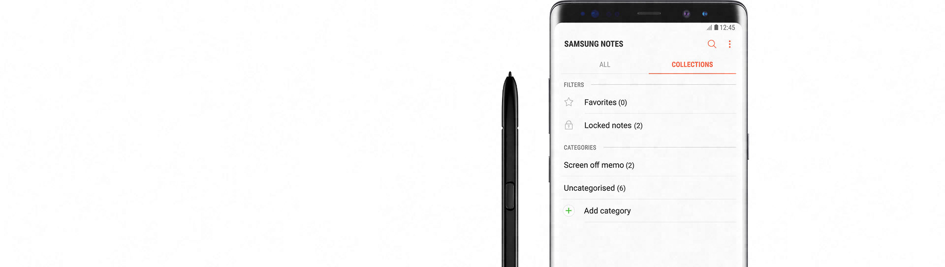 Example of different categories set on Samsung Notes app on Galaxy Note8 Black