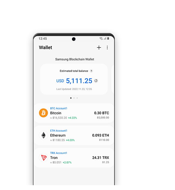 A simulation of the Samsung Blockchain Wallet app graphical user interface which shows an account balance overview of Bitcoin, Ethereum, and Tron cryptocurrencies.