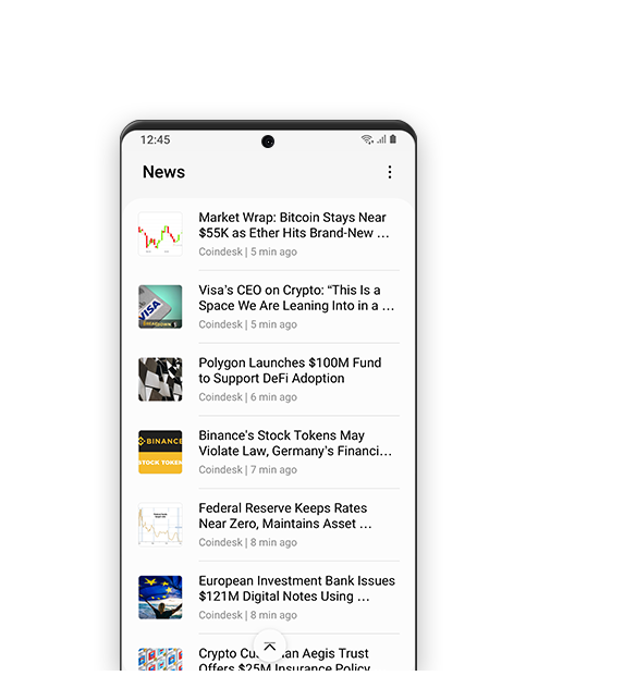 A simulation of the Samsung Blockchain Wallet app graphical user interface which shows a list of various articles and news related to virtual assets.