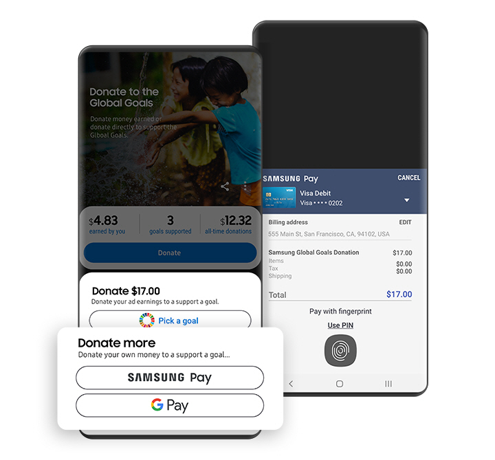 A smartphone shows that you can donate by viewing in-app ads and also can directly donate by using Samsung Pay or Google Pay.