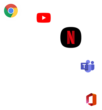 Multiple app icons form an arc, including Google Chrome, YouTube, Netflix, Microsoft Teams, and Microsoft Office.