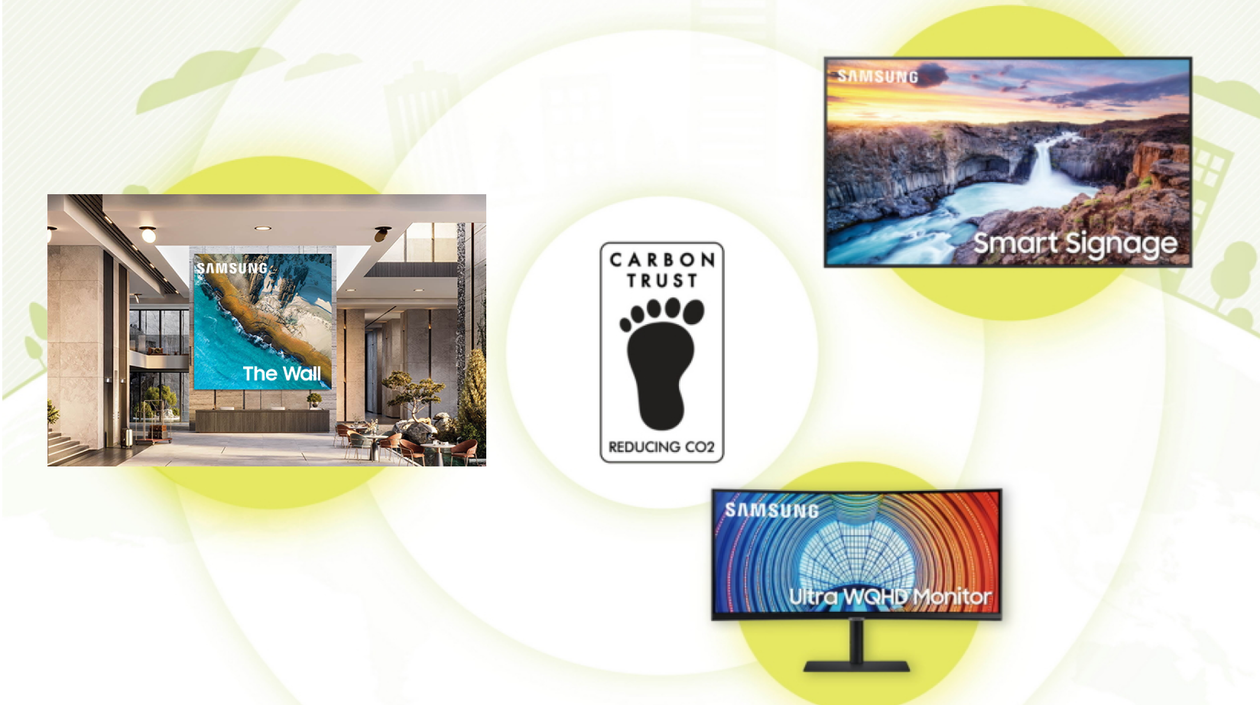 Carbon Footprint - Samsung Electronics products that have obtained carbon reduction certification:The Wall, Ultra WQHD Monitor, Smart Signage