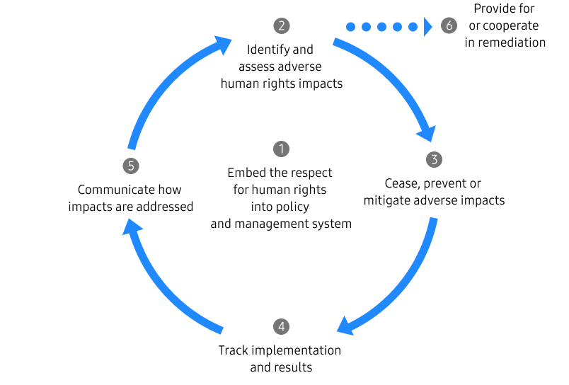 1. Embed the respect for human rights into policy and management system 2. Identify and assess adverse human rights impacts 3. Cease, prevent or mitigate adverse impacts 4. Track implementation and results 5. Communicate how impacts are addressed 6. Provide for or cooperate in remediation