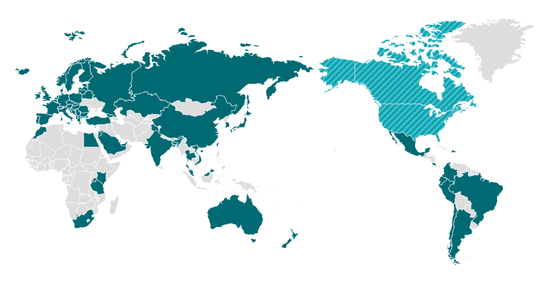 폐제품 회수 및 재활용 프로그램을 운영하는 북미의 나라를 나타낸 지도