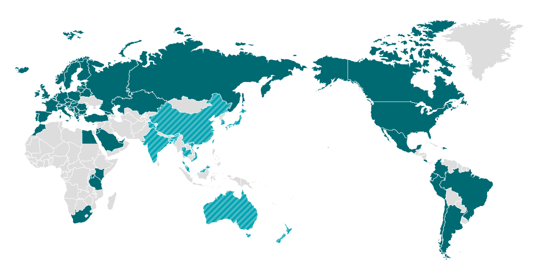 폐제품 회수 및 재활용 프로그램을 운영하는 아시아, 오세아니아의 나라를 나타낸 지도