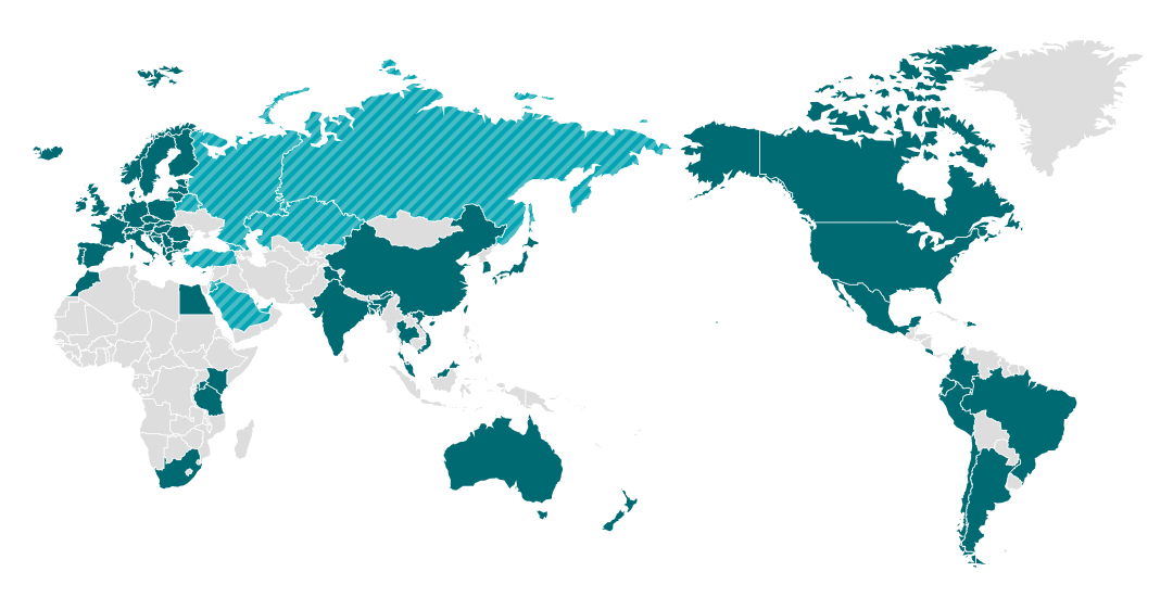 폐제품 회수 및 재활용 프로그램을 운영하는 중동/CIS의 나라를 나타낸 지도