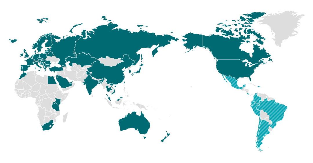 폐제품 회수 및 재활용 프로그램을 운영하는 중남미의 나라를 나타낸 지도
