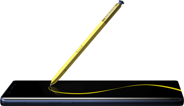 A yellow S Pen drawing a curve on the Galaxy Note9.