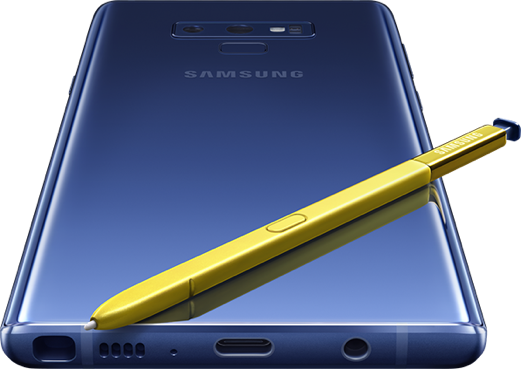 The bottom edge of the Galaxy Note9 and yellow S Pen.